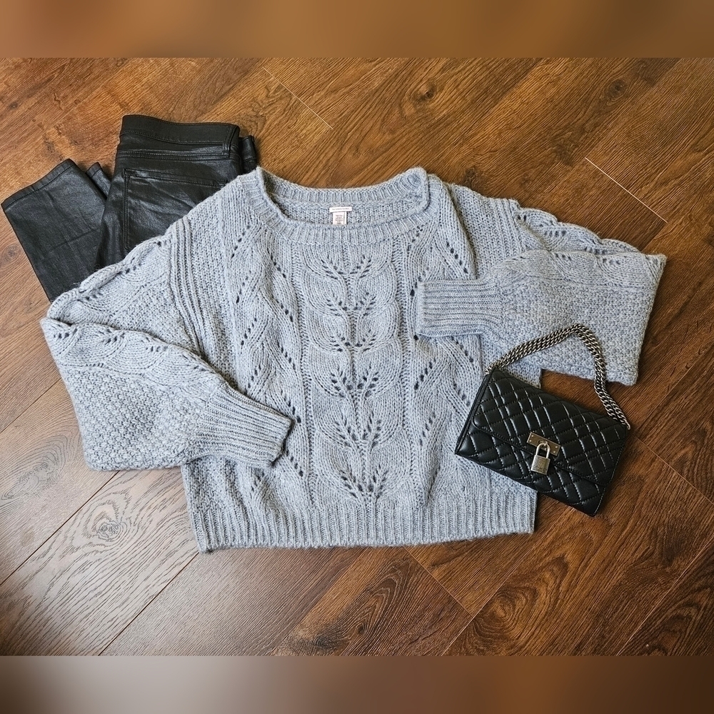 Chunky Knit Wool Blend Cropped Grey Balloon Sleeve Sweater